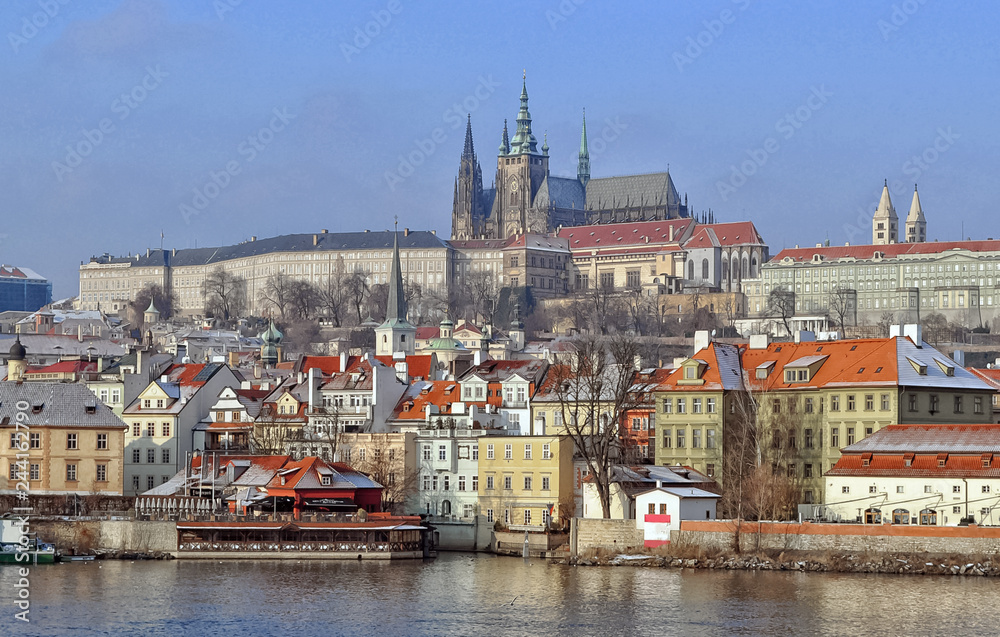 Panoramic view Vltava river bank in Prague, Czech Republic