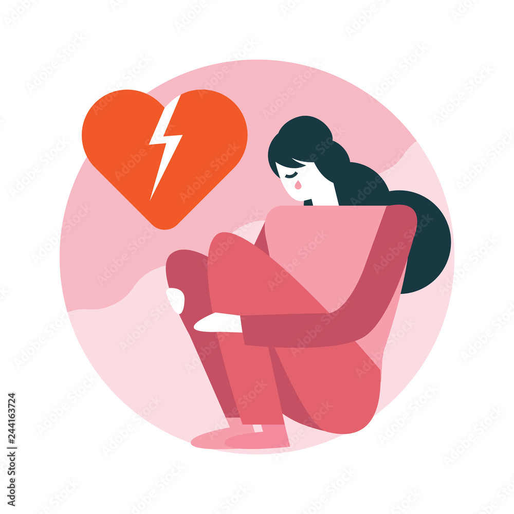 Woman broken heart sitting in room. Happy valentine's day. flat icons design. vector illustration Woman broken heart sitting in room. Happy valentine's day. flat icons design. vector illustration