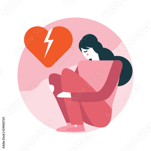 Woman broken heart sitting in room. Happy valentine's day. flat icons design. vector illustration