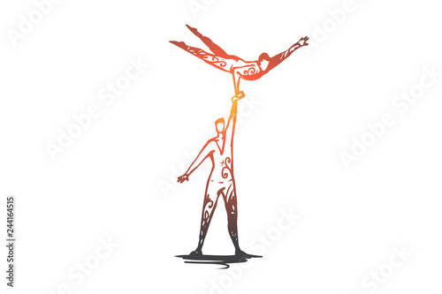Acrobatic, circus, balance, performance, cooperation concept. Hand drawn isolated vector.