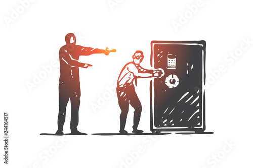 Bank, heist, crime, robbery, thief concept. Hand drawn isolated vector.