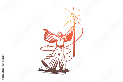 Magician, wizard, witchcraft, sorcery, costume concept. Hand drawn isolated vector.