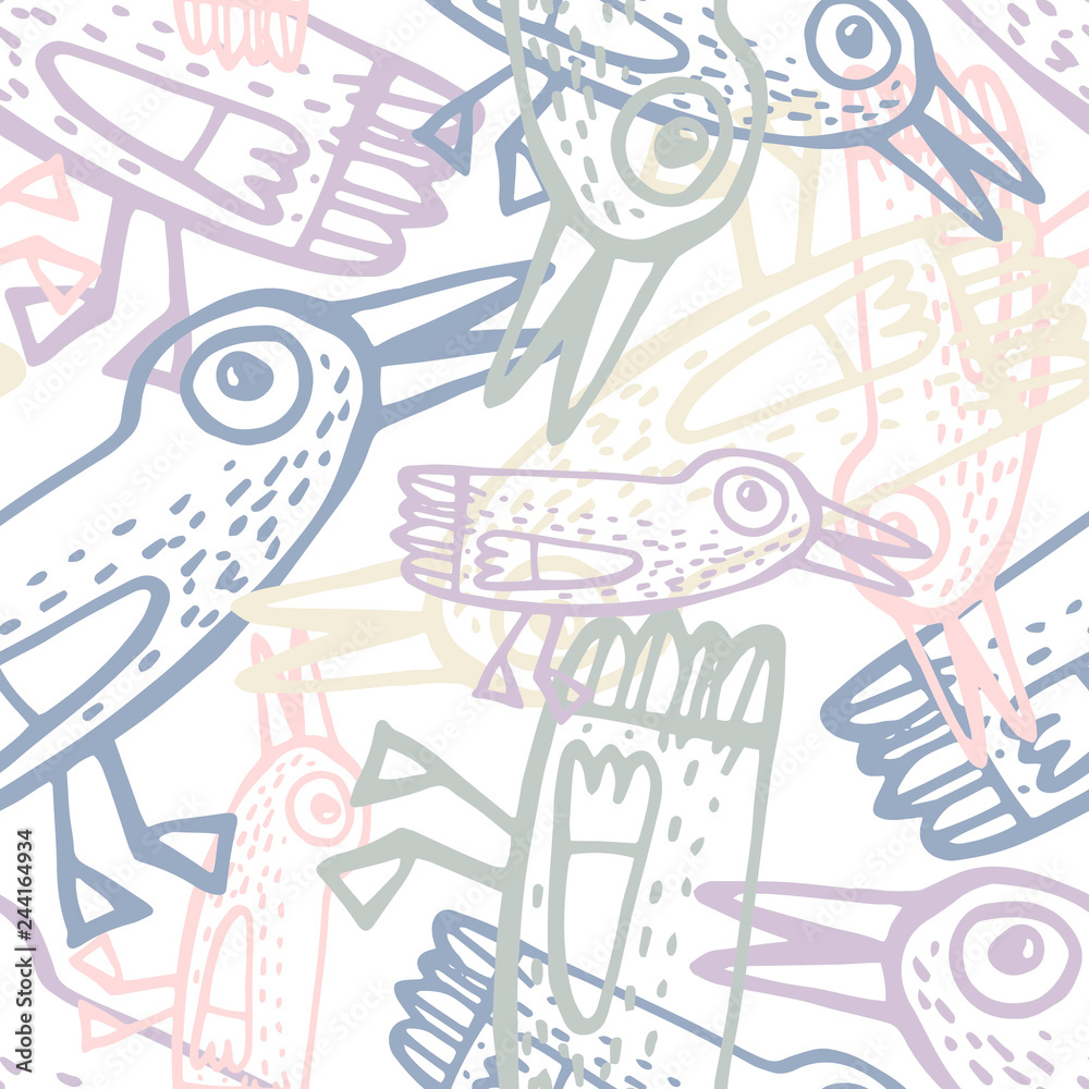 Vector design with stylized birds.Seamless pattern with Stylised birds,hand-drawn, scanned and translated into a vector