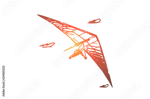 Hang glider, extreme, sky, sport, fly concept. Hand drawn isolated vector.