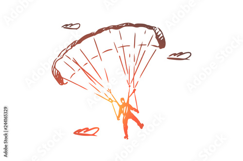 Parachutist, extreme, skydiving, sport, fly concept. Hand drawn isolated vector.