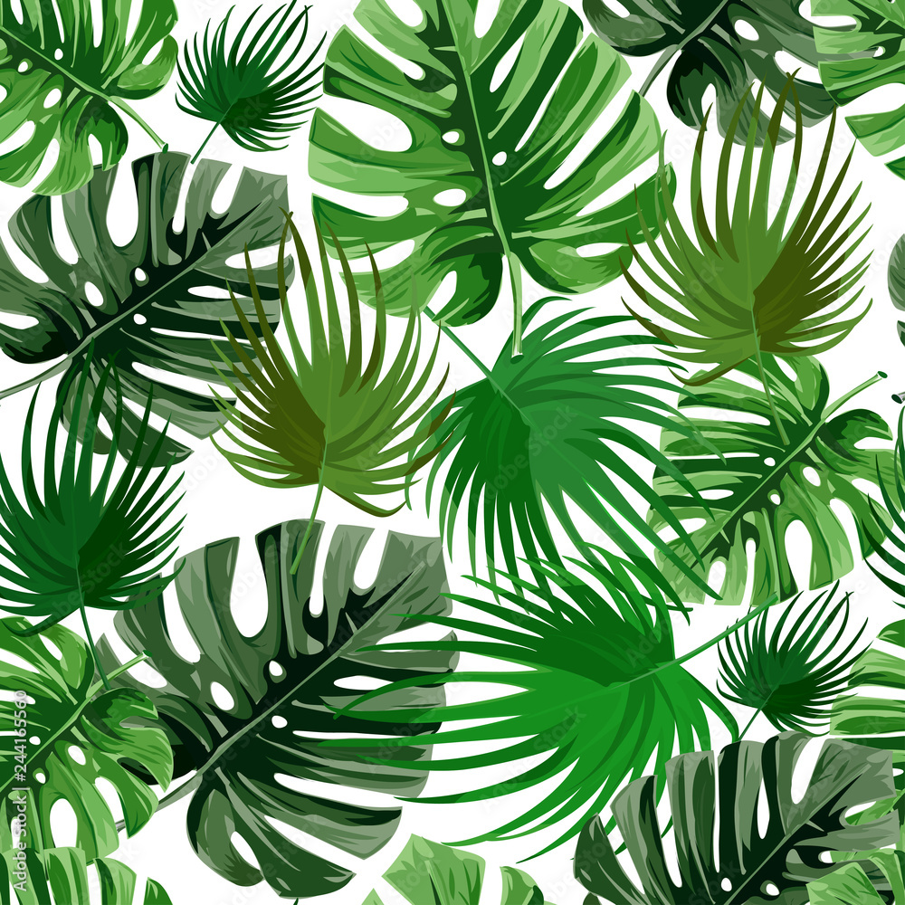 Tropical palm leaves, jungle leaves seamless vector floral pattern.