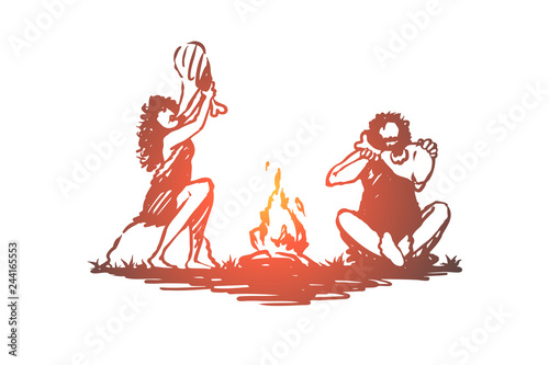 Primitive, people, bonfire, caveman, ancient concept. Hand drawn isolated vector.