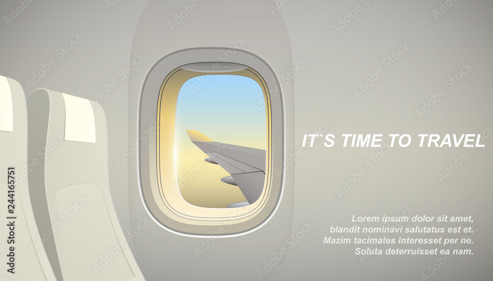 Airplane interior with view to the wing, vacation time concept