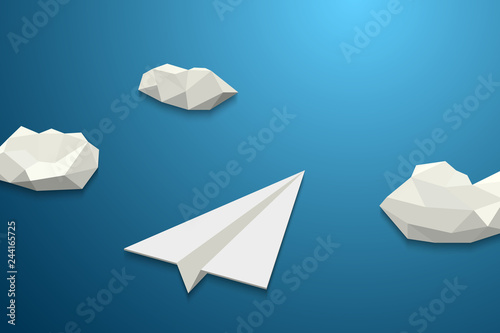 Paper plane flying in the cloudy sky  vector background  low poly style