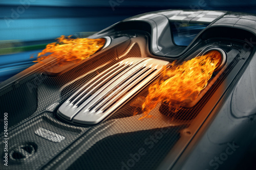 Supercar engine exhaust with a fire flame. Car ride fast with afterburn  photo