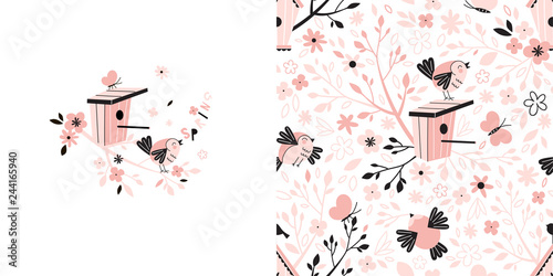 Graphic set with illustration and seamless pattern of spring cute bird singing on branch and birdhouse. Creative birdy background. Perfect for kids apparel, fabric, textile, nursery decoration