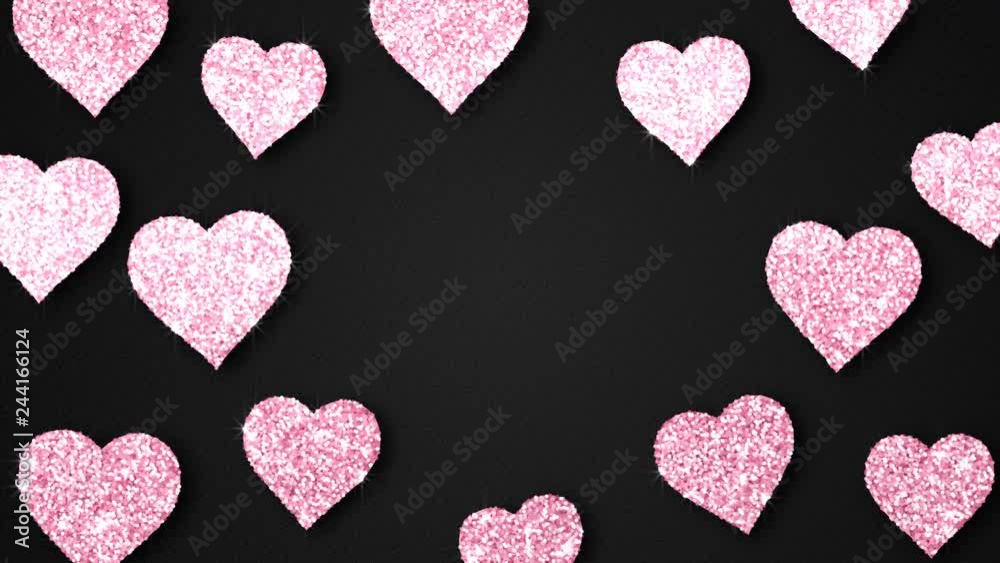 Pink shining hearts sparkle on the black background with place for text. Valentines Day holiday abstract loop animation. Pink shining hearts sparkle on the black background with place for text. Valentines Day holiday abstract loop animation.