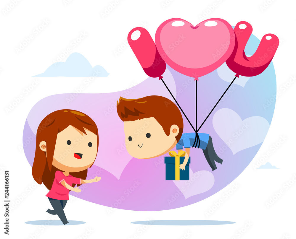 A floating boy with balloon and a girl ready to catch