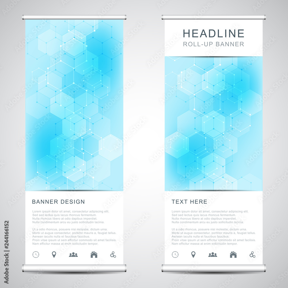 Roll up banner stands with abstract geometric background of hexagons pattern.