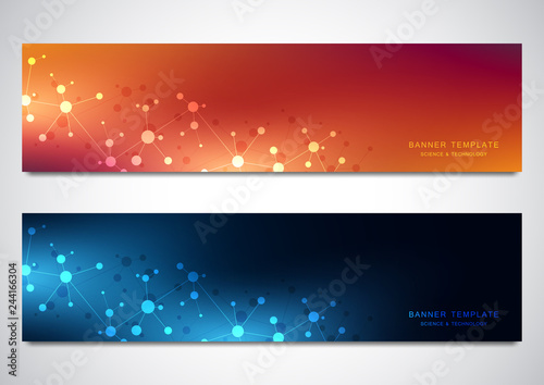 Banners and headers for site with molecules background and neural network. Genetic engineering or laboratory research. Abstract geometric texture for medical, science and technology design.