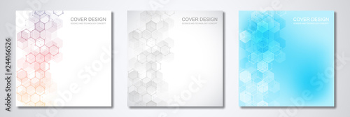 Square template for cover or brochure, with geometric abstract background of molecular structures and chemical compounds.