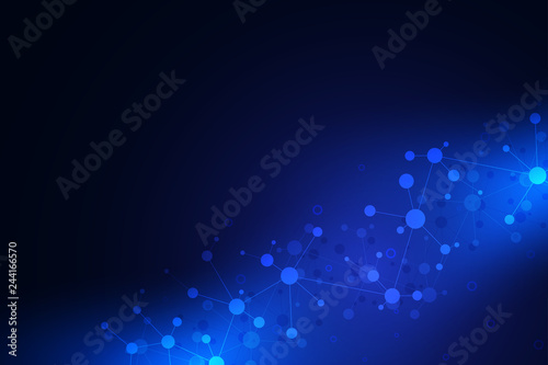 Abstract geometric texture with molecular structures and neural network. Molecules DNA and genetic research. Plexus background. Vector illustration for medical, scientific and technological design.