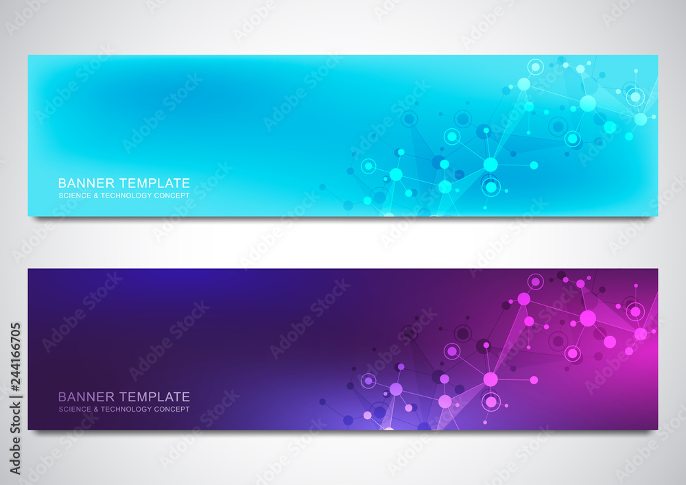 Banners and headers for site with molecules background and neural network. Genetic engineering or laboratory research. Abstract geometric texture for medical, science and technology design.