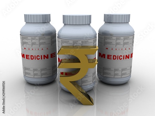 3d illustration Medical bottles with indian rupee sign photo