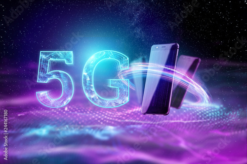 Creative background, the inscription 5G on the background of purple and blue energy, dark background. The concept of 5G network, high-speed mobile Internet, new generation networks. Copy space