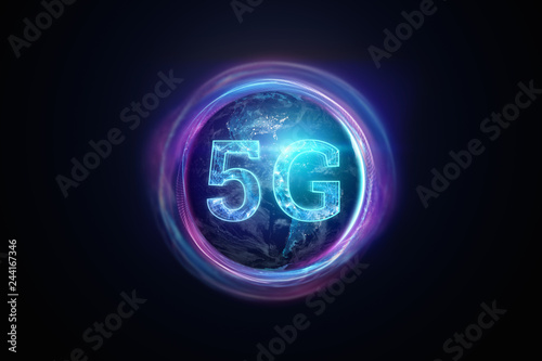 Creative background, the inscription 5G on the background of the globe. The concept of 5G network, high-speed mobile Internet, new generation networks. Copy space, Mixed media. photo