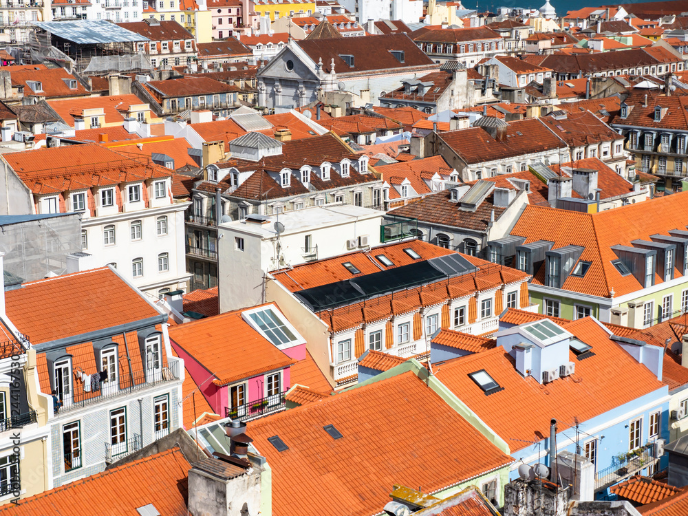 Overview of the city with its historic houses, Baixa, Lisbon, Portugal