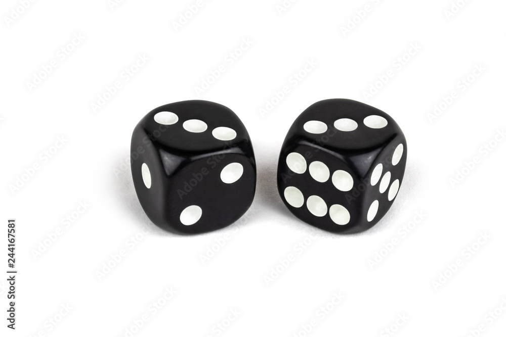 Two black dice isolated on a white background. Three and three. Two black dice isolated on a white background. Three and three.