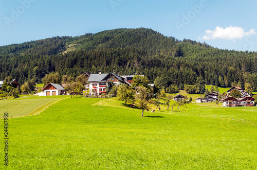 Village of Gosau with its wooden houses in the Alps of Austria on a sunny day. © Tomas