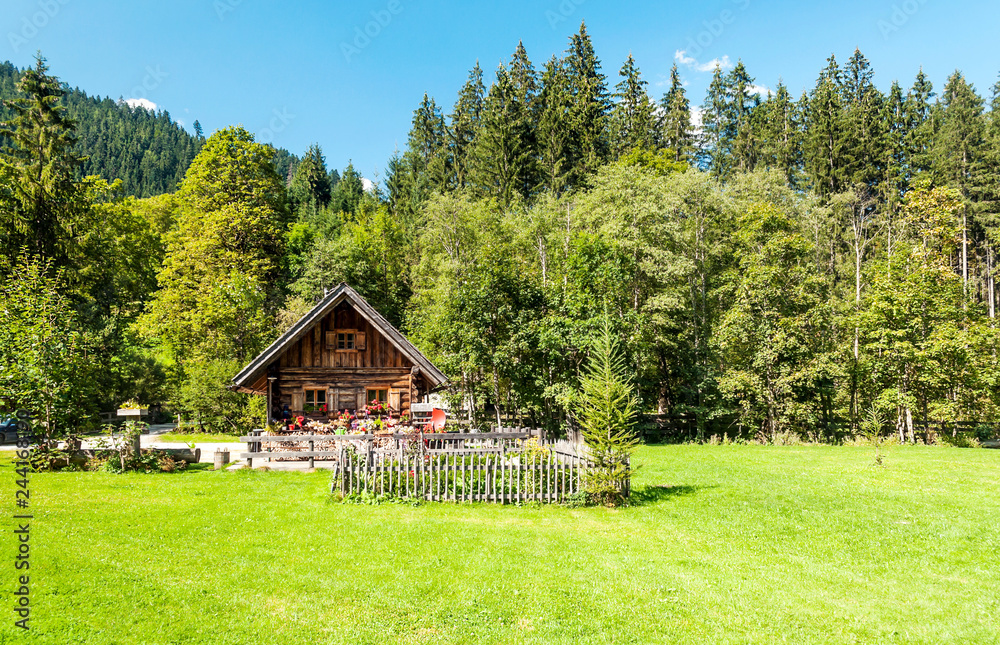 Village of Gosau with its wooden houses in the Alps of Austria on a sunny day. Village of Gosau with its wooden houses in the Alps of Austria on a sunny day.