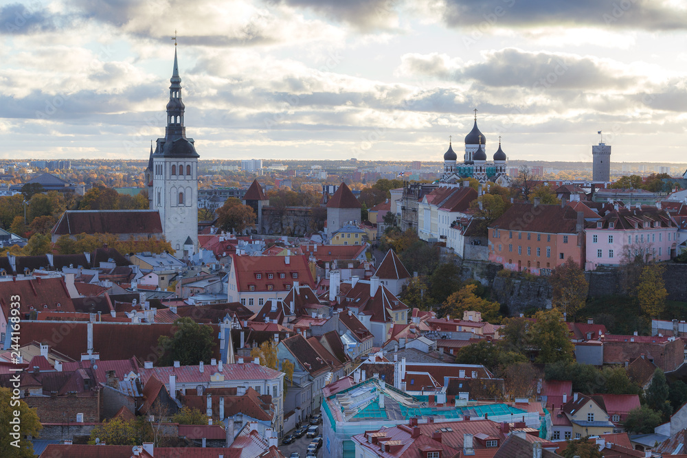 Obraz premium Wzgórze Toompea z wieżą Pikk Hermann, kościołem katedralnym Najświętszej Marii Panny Toomkirik i rosyjską prawosławną katedrą Aleksandra Newskiego, widok z wieży kościoła św.Olafa, Tallinn, Estonia