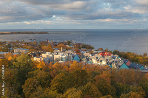 Aerial view of the old city center of Tallinn  Estonia with wooden and stone buildings. Autumn golden season. © yegorov_nick