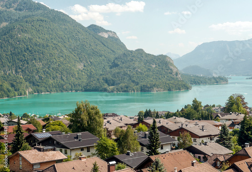 Village of Gosau with its wooden houses in the Alps of Austria on a sunny day.