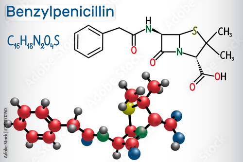 Benzylpenicillin (penicillin G) drug molecule. It is beta-lactam antibiotic. Structural chemical formula and molecule model