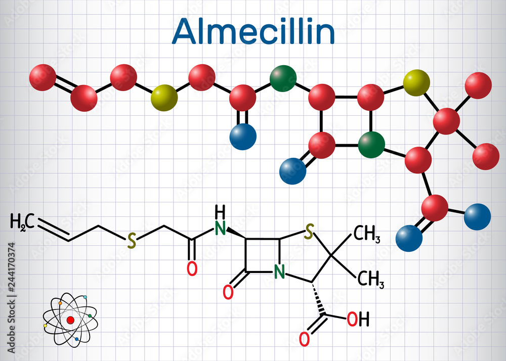 Almecillin (penicillin O) drug molecule. It is beta-lactam antibiotic. Structural chemical formula and molecule model. Sheet of paper in a cage Almecillin (penicillin O) drug molecule. It is beta-lactam antibiotic. Structural chemical formula and molecule model. Sheet of paper in a cage