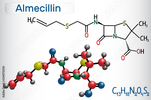 Almecillin (penicillin O) drug molecule. It is beta-lactam antibiotic. Structural chemical formula and molecule model