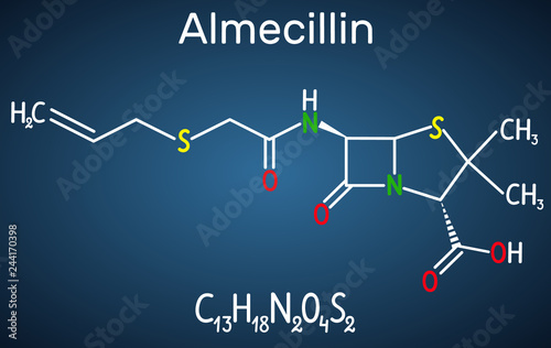 Almecillin (penicillin O) drug molecule. It is beta-lactam antibiotic. Structural chemical formula on the dark blue background