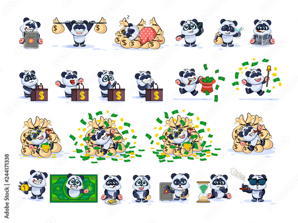 Obraz premium Set kit collection panda bear sticker emoticon