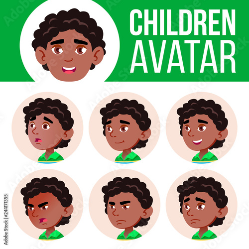 Black, Afro American Boy Avatar Set Kid Vector. Kindergarten. Face Emotions. Happy Childhood, Positive Person. Smile, Beautiful, Funny. Banner, Flyer. Cartoon Head Illustration