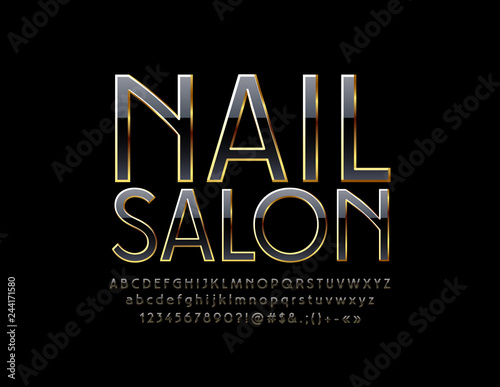 Vector stylish Emblem with text Nail Salon. Chic Black and Golden Font. Set of slim Alphabet Letters, Numbers and Symbols.