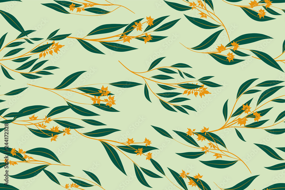 Bright Floral Seamless Pattern. Vector Eucalyptus Leaves and Beautiful Blossom Elements. Colorful Botanical Summer Background. Floral Seamless Pattern for Wedding Design, Print, Textile, Fabric, Paper