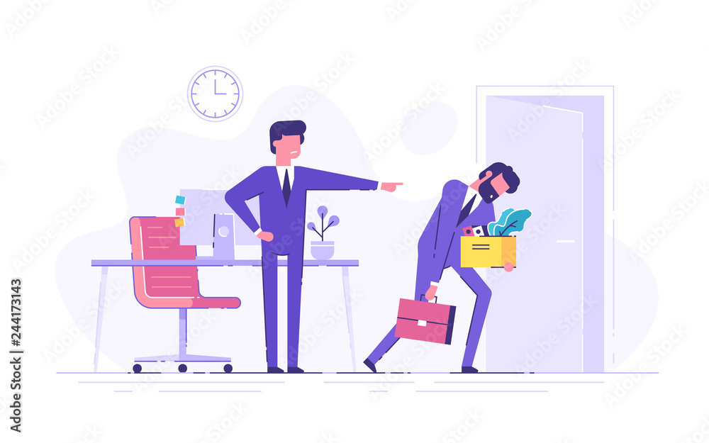 Angry oss dismisses employee. Fired sad man carrying box with his things. Dismissal, unemployment, jobless and employee job reduction concept. Flat vector illustration.