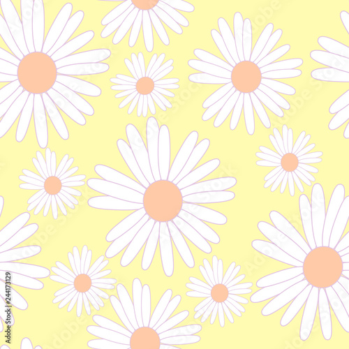 Pattern of white camomiles on a yellow
