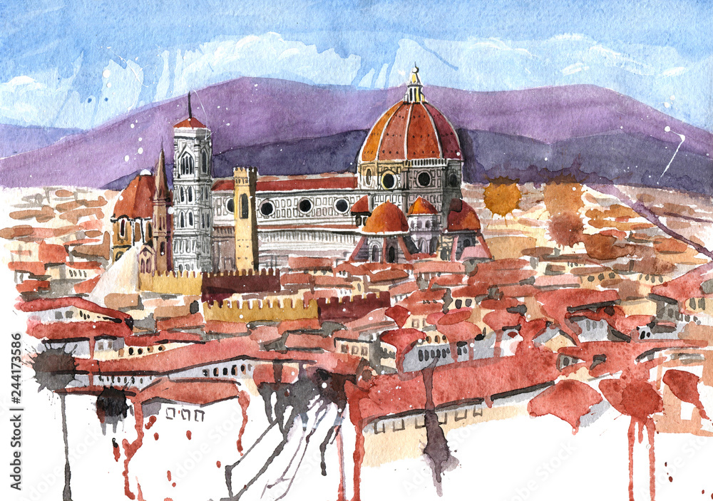 Watercolor painting of Florence, Italy. Cathedral Santa Maria del Fiore, mounting view.