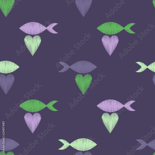 Seamless pattern with decorative hearts and fish with a dashed texture. Valentine's day. Vector illustration. Can be used for wallpaper, textile, invitation card, web page background.