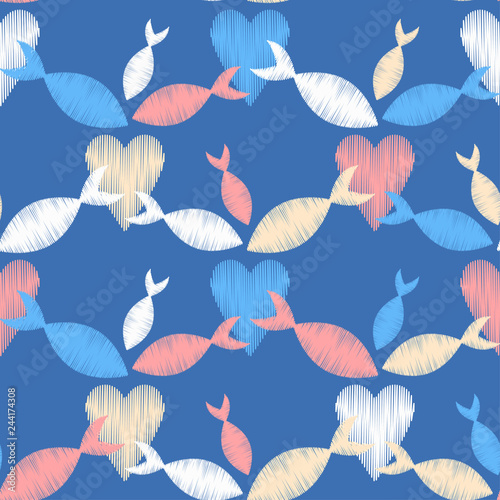 Seamless pattern with decorative hearts and fish with a dashed texture. Valentine's day. Vector illustration. Can be used for wallpaper, textile, invitation card, web page background.