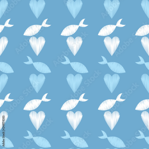 Seamless pattern with decorative hearts and fish with a dashed texture. Valentine s day. Vector illustration. Can be used for wallpaper  textile  invitation card  web page background.