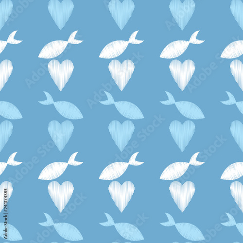 Seamless pattern with decorative hearts and fish with a dashed texture. Valentine's day. Vector illustration. Can be used for wallpaper, textile, invitation card, web page background.