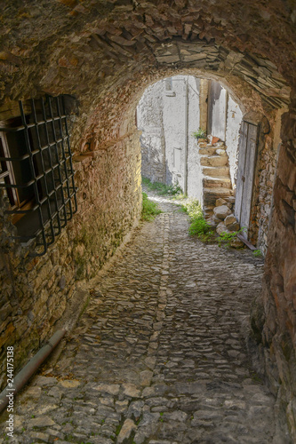 Fototapeta Naklejka Na Ścianę i Meble -  Narrow cobblestone alley under an arch between the typical stone houses of the medieval borough of Colla Micheri, Andora, Liguria, Italy