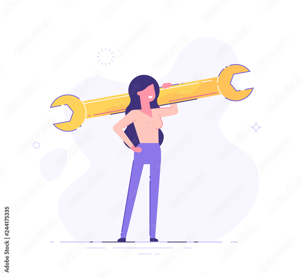 Сonfident businesswoman is holding a huge wrench. Technical support concept. Modern flat vector illustration.