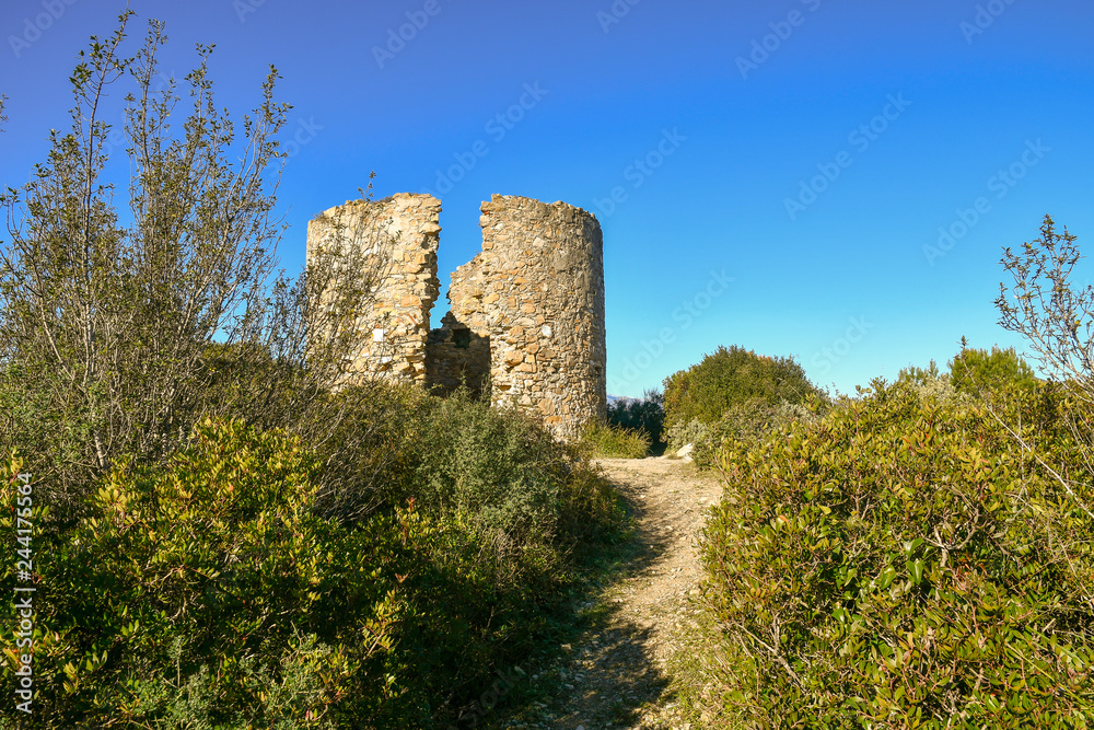 Ruins of the Saracen Tower dating back to sixteenth century in the ancient borough of Colla Micheri, Capo Mele, Andora, Liguria, Italy